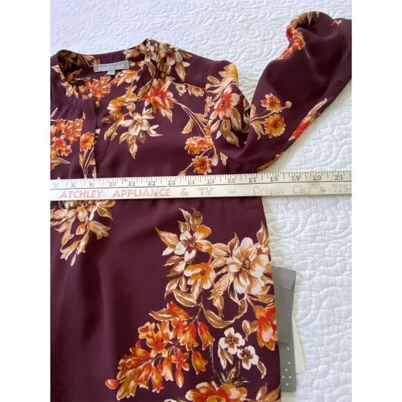 Daniel Rainn Split Neck Blouse Burgundy/Orange Floral Roll Tab Sleeve​ Size PXS - Picture 12 of 14